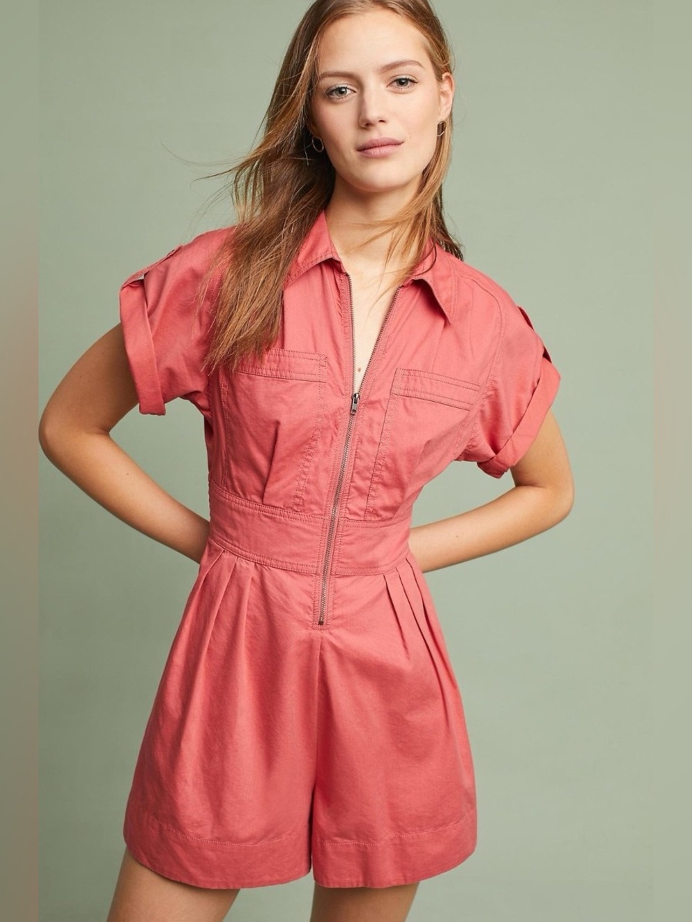 Anthropologie Holding Horses Utility Romper Coral Zip Front Size 2